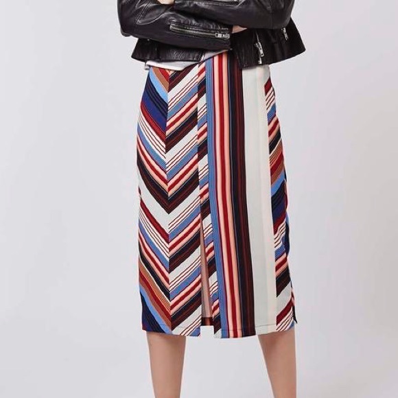 NWT Topshop Retro Vintage-look Multi Stripe Midi Skirt with Slit and Zipper - Picture 2 of 9